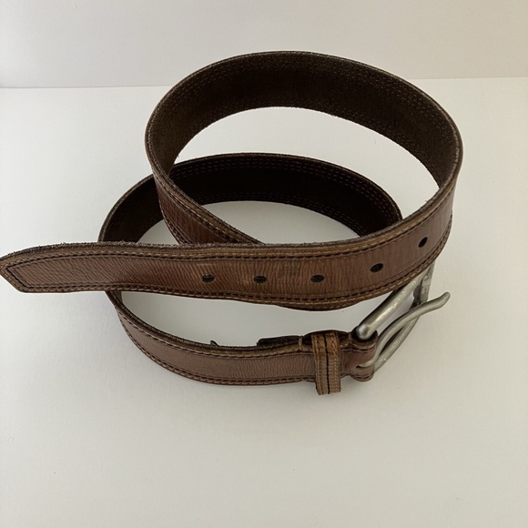 Men's Brown FOSSIL Leather Belt Solid Brass Buckle plated Brushed Silver Size L - Picture 8 of 12